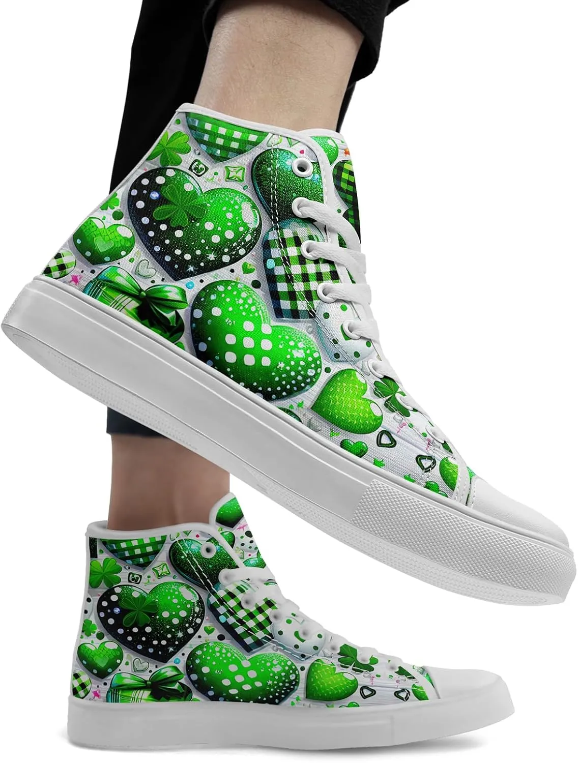 Unisex High-Top Canvas Sneakers – Green Lucky Design with Clover Hat, Comfortable and Stylish Canvas Casual Shoes for Men
