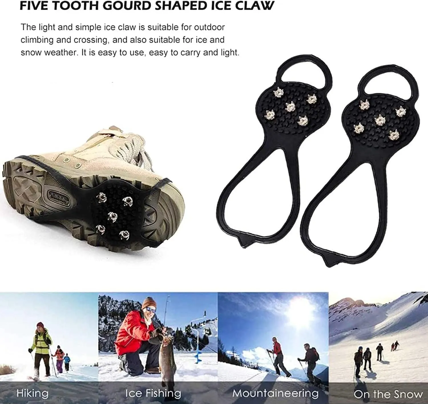 Universal Non-Slip Gripper Spikes, Anti-Skid Snow Ice Shoe Spikes with 5 Tooth Steel Nails, Anti Slip Rubber Gripper Spikes for Hiking Mountaineering Walking