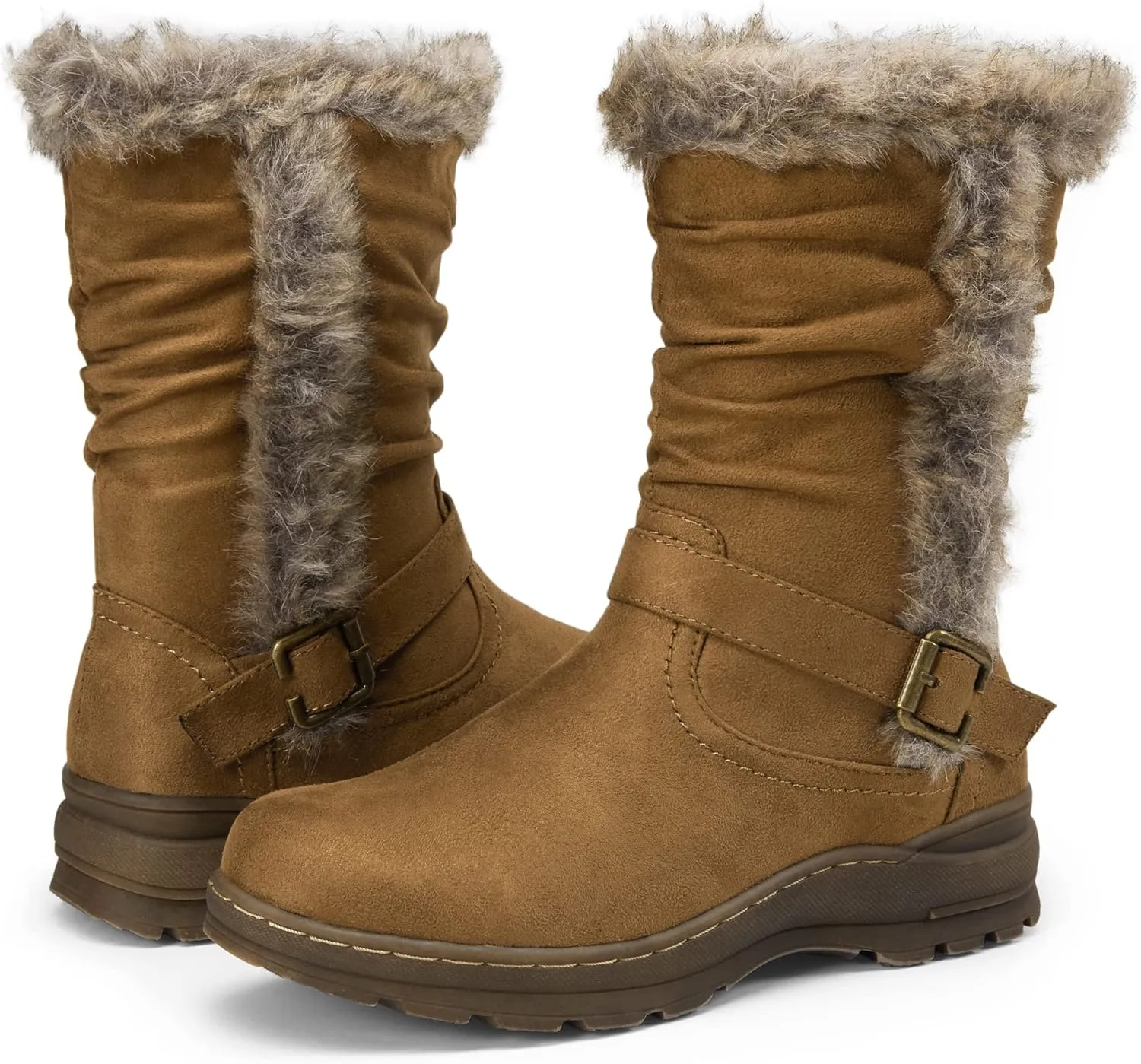 Vepose Women's Winter Snow Boots Fur Mid Calf Warm Suede Fuzzy Shoes