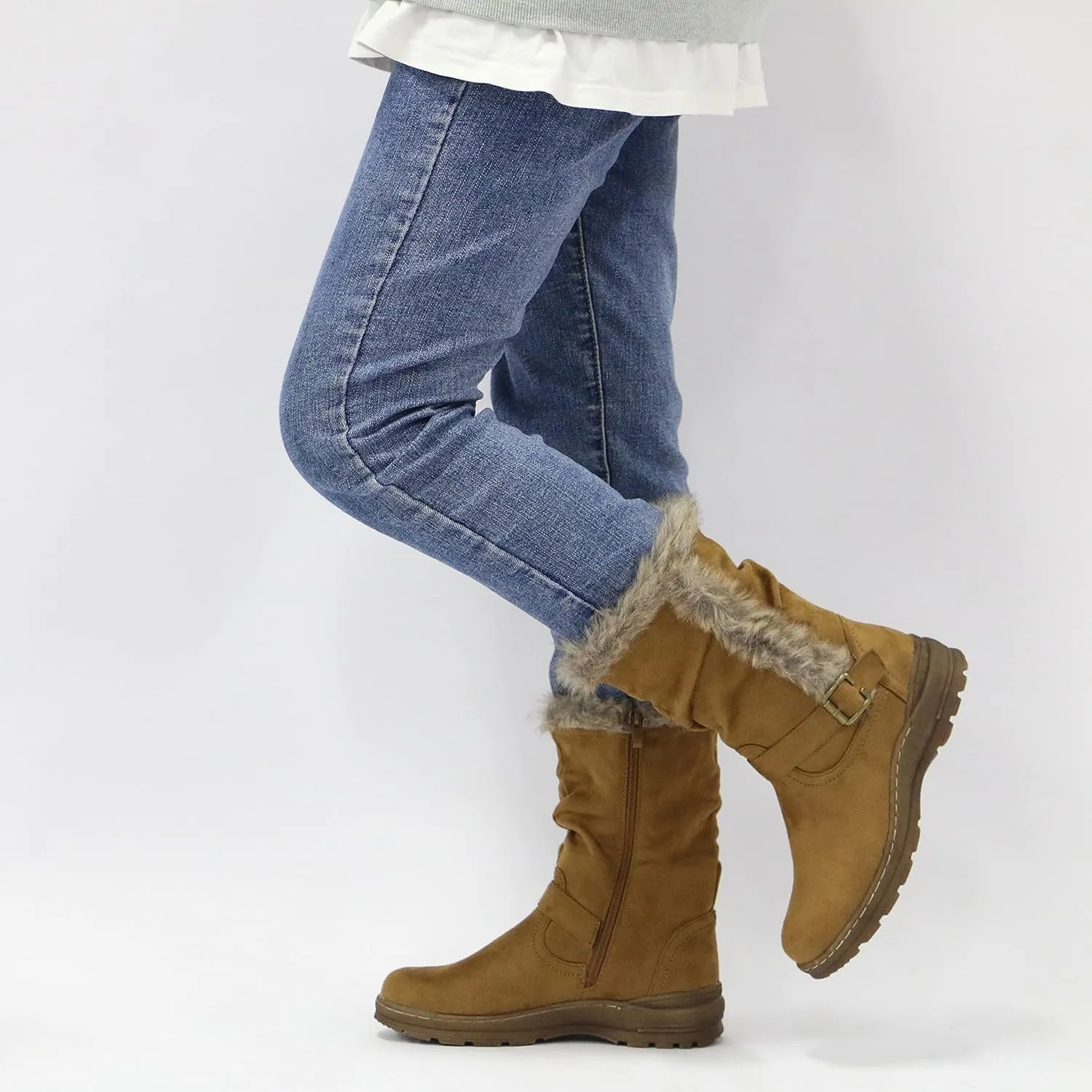 Vepose Women's Winter Snow Boots Fur Mid Calf Warm Suede Fuzzy Shoes