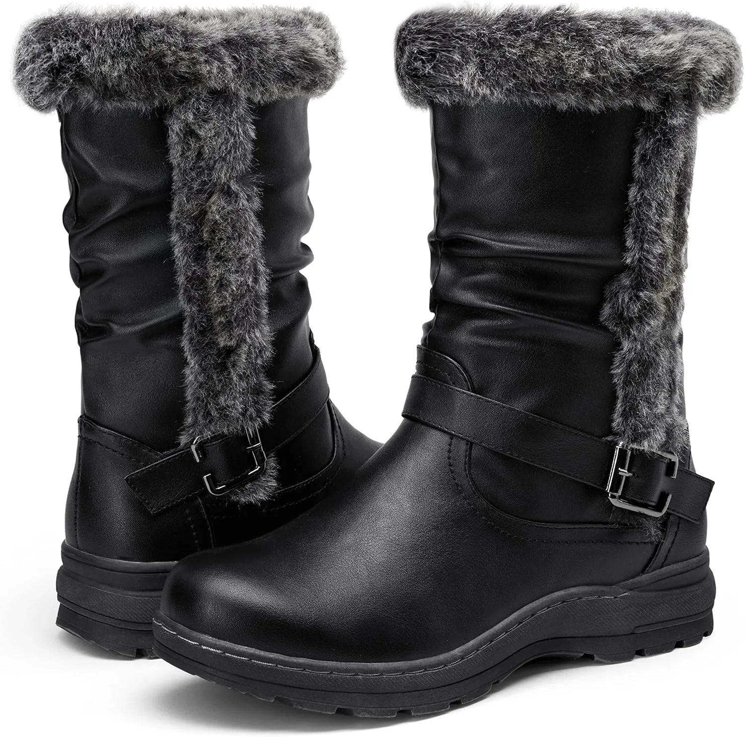 Vepose Women's Winter Snow Boots Fur Mid Calf Warm Suede Fuzzy Shoes