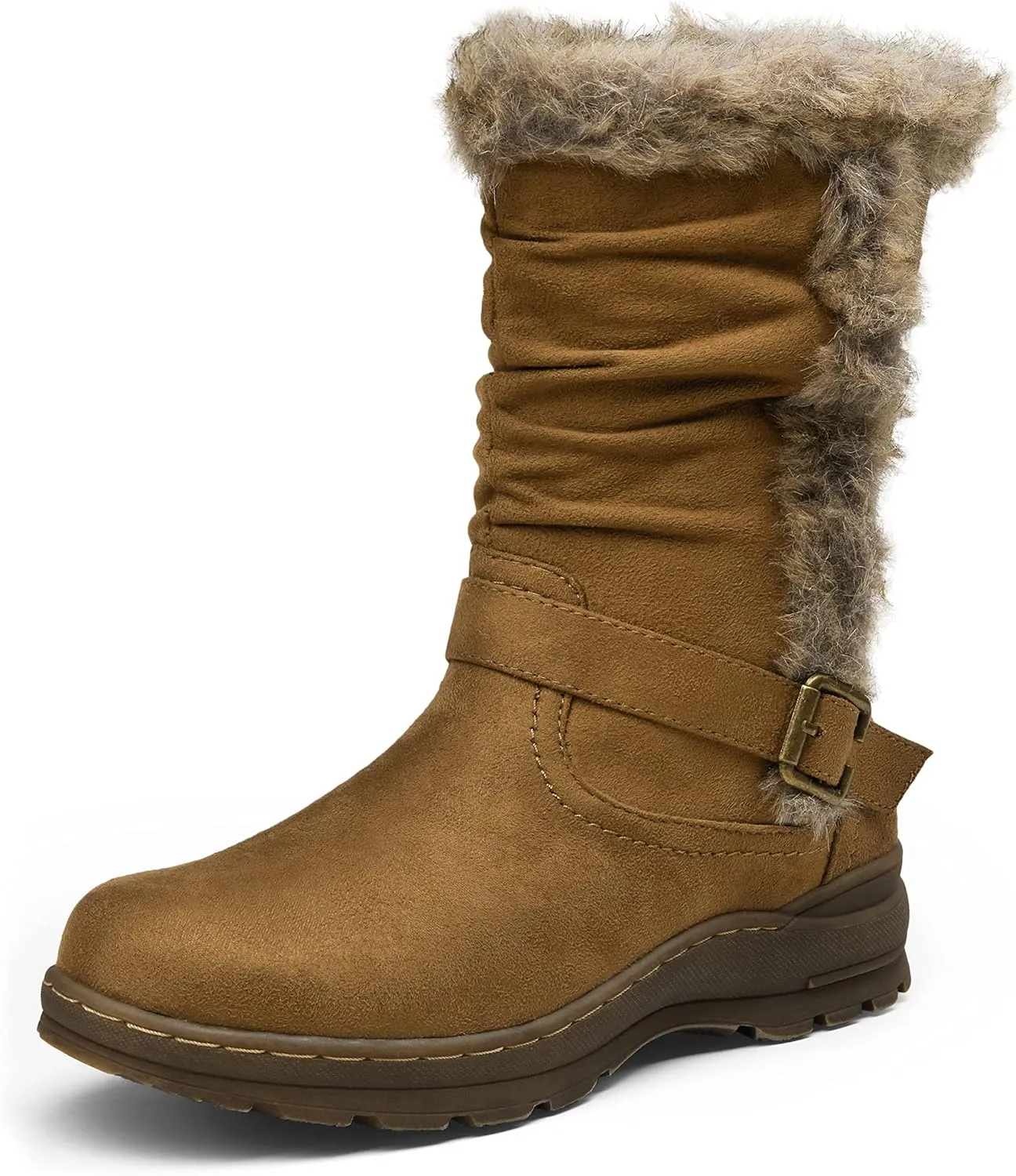 Vepose Women's Winter Snow Boots Fur Mid Calf Warm Suede Fuzzy Shoes