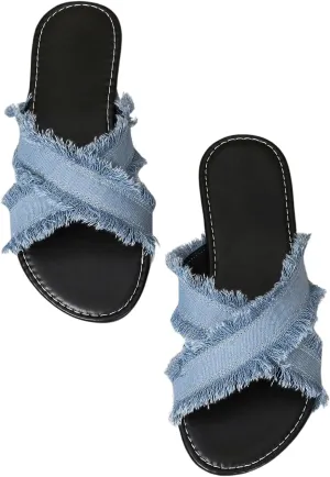 Verdusa Women's Criss Cross Denim Sandals Open Toe Slip On Slide Flats Sandal