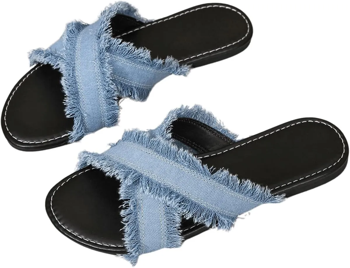 Verdusa Women's Criss Cross Denim Sandals Open Toe Slip On Slide Flats Sandal