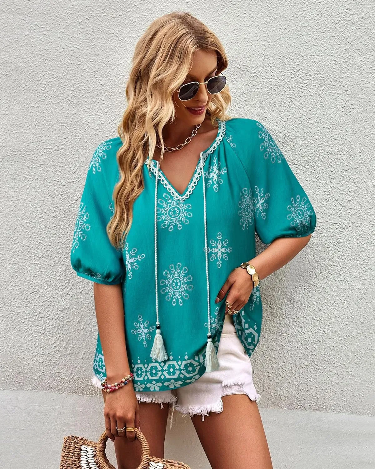 Vivilli Womens Summer Boho Tops Casual V Neck Short Sleeve Blouses Floral Print Shirt Tie Front Flowy Vacation Clothes