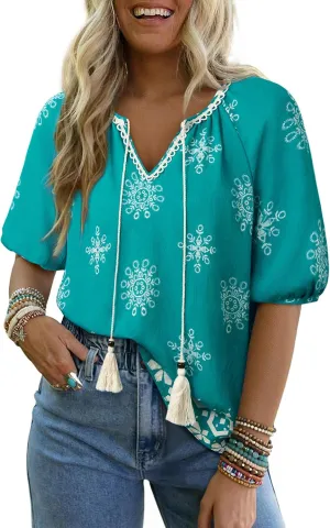 Vivilli Womens Summer Boho Tops Casual V Neck Short Sleeve Blouses Floral Print Shirt Tie Front Flowy Vacation Clothes