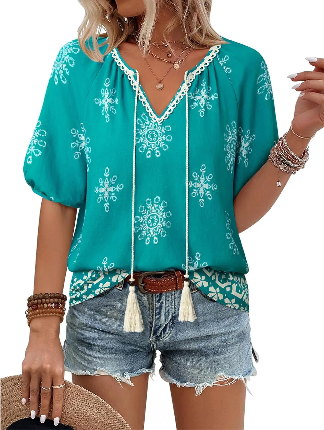Vivilli Womens Summer Boho Tops Casual V Neck Short Sleeve Blouses Floral Print Shirt Tie Front Flowy Vacation Clothes