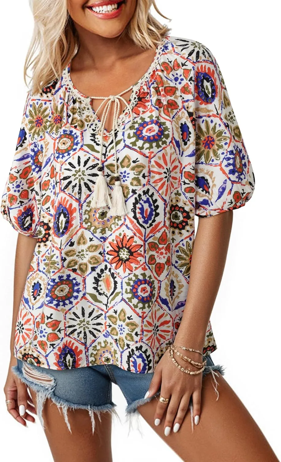 Vivilli Womens Summer Boho Tops Casual V Neck Short Sleeve Blouses Floral Print Shirt Tie Front Flowy Vacation Clothes