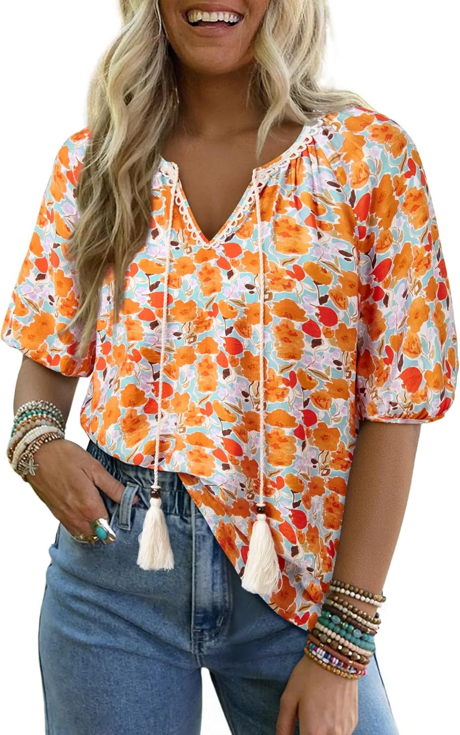 Vivilli Womens Summer Boho Tops Casual V Neck Short Sleeve Blouses Floral Print Shirt Tie Front Flowy Vacation Clothes