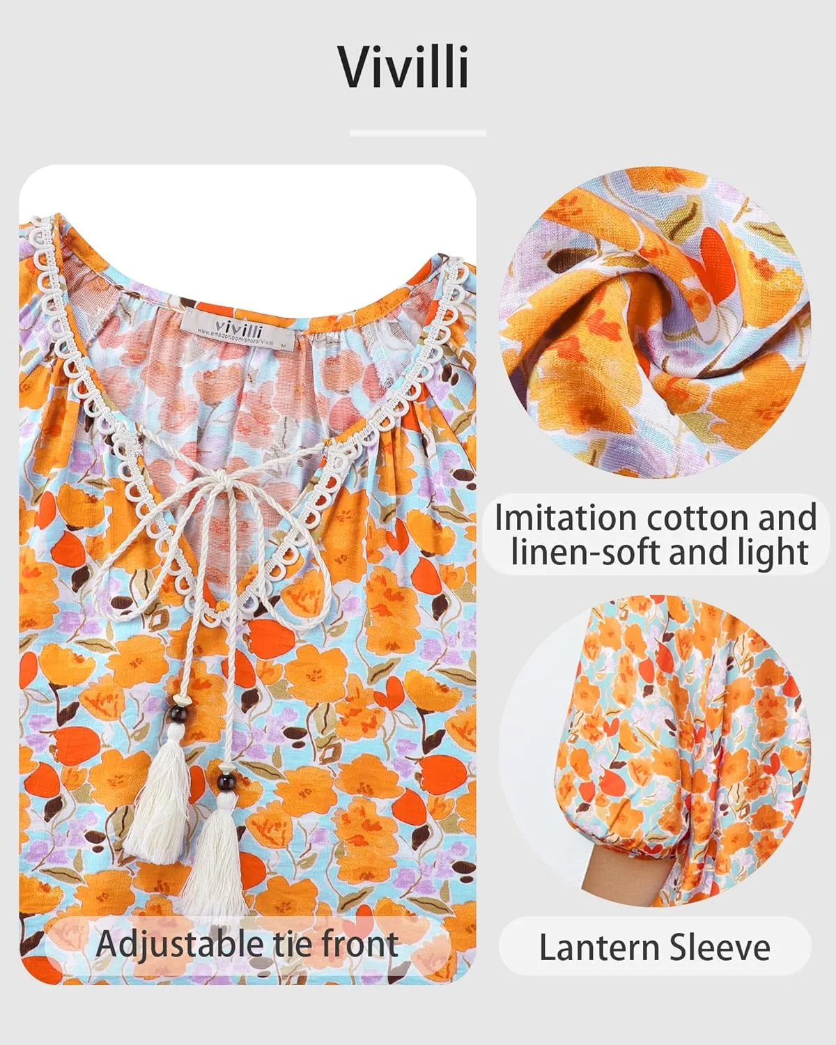 Vivilli Womens Summer Boho Tops Casual V Neck Short Sleeve Blouses Floral Print Shirt Tie Front Flowy Vacation Clothes