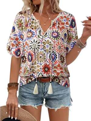 Vivilli Womens Summer Boho Tops Casual V Neck Short Sleeve Blouses Floral Print Shirt Tie Front Flowy Vacation Clothes