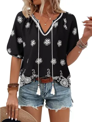 Vivilli Womens Summer Boho Tops Casual V Neck Short Sleeve Blouses Floral Print Shirt Tie Front Flowy Vacation Clothes