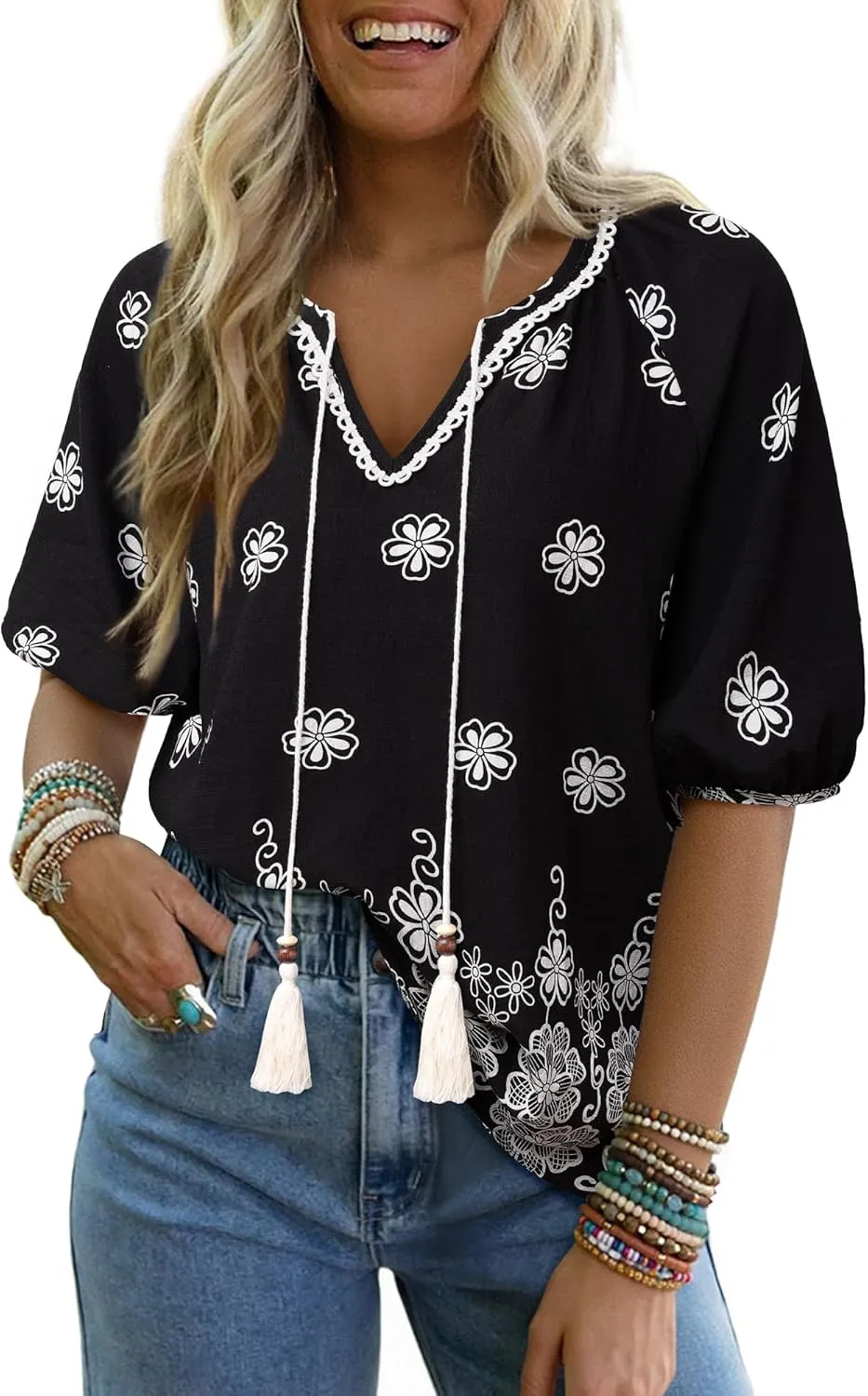 Vivilli Womens Summer Boho Tops Casual V Neck Short Sleeve Blouses Floral Print Shirt Tie Front Flowy Vacation Clothes