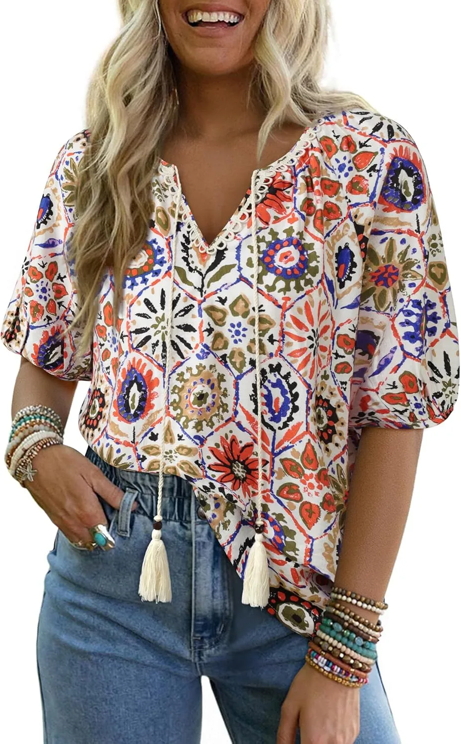 Vivilli Womens Summer Boho Tops Casual V Neck Short Sleeve Blouses Floral Print Shirt Tie Front Flowy Vacation Clothes