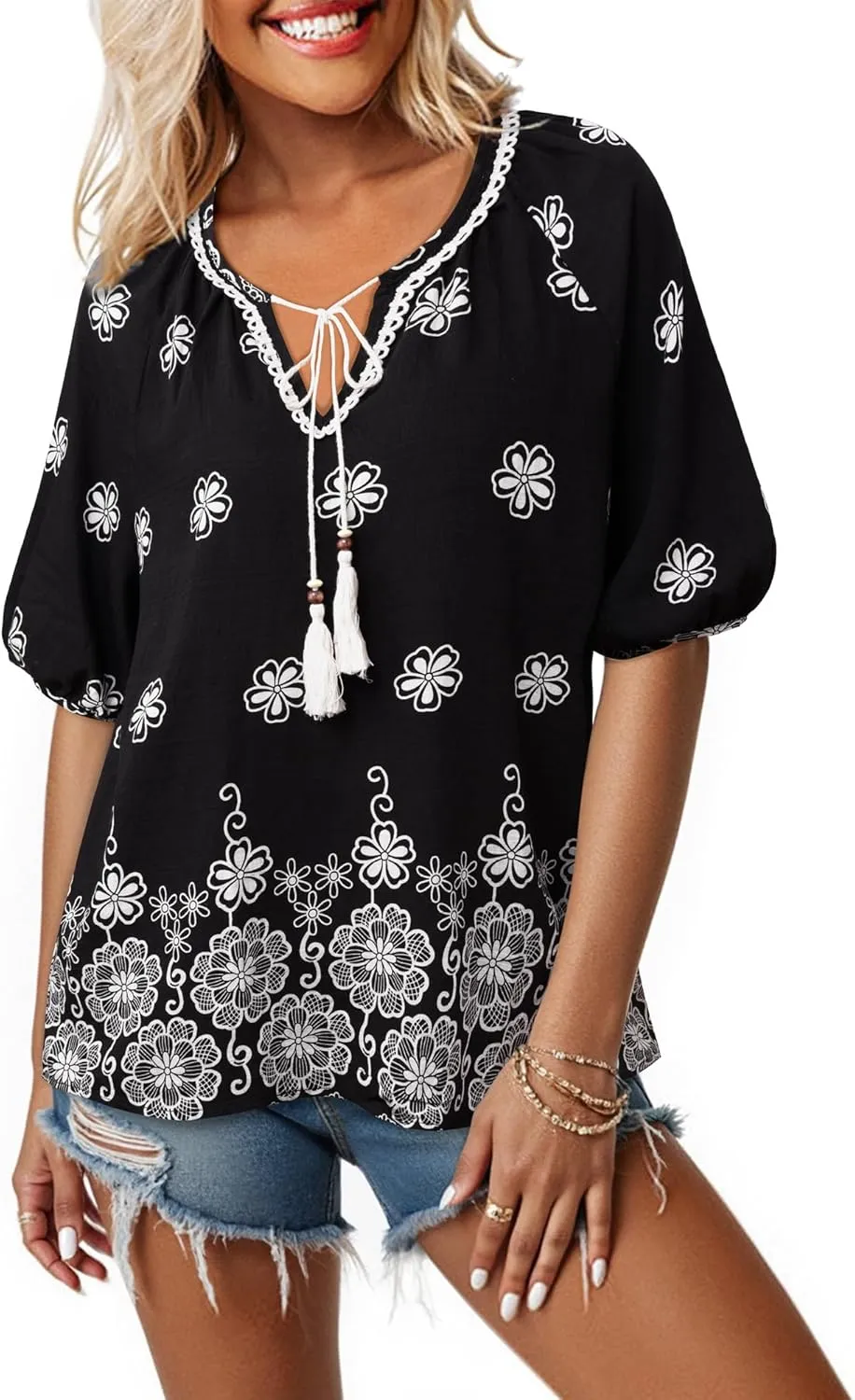Vivilli Womens Summer Boho Tops Casual V Neck Short Sleeve Blouses Floral Print Shirt Tie Front Flowy Vacation Clothes