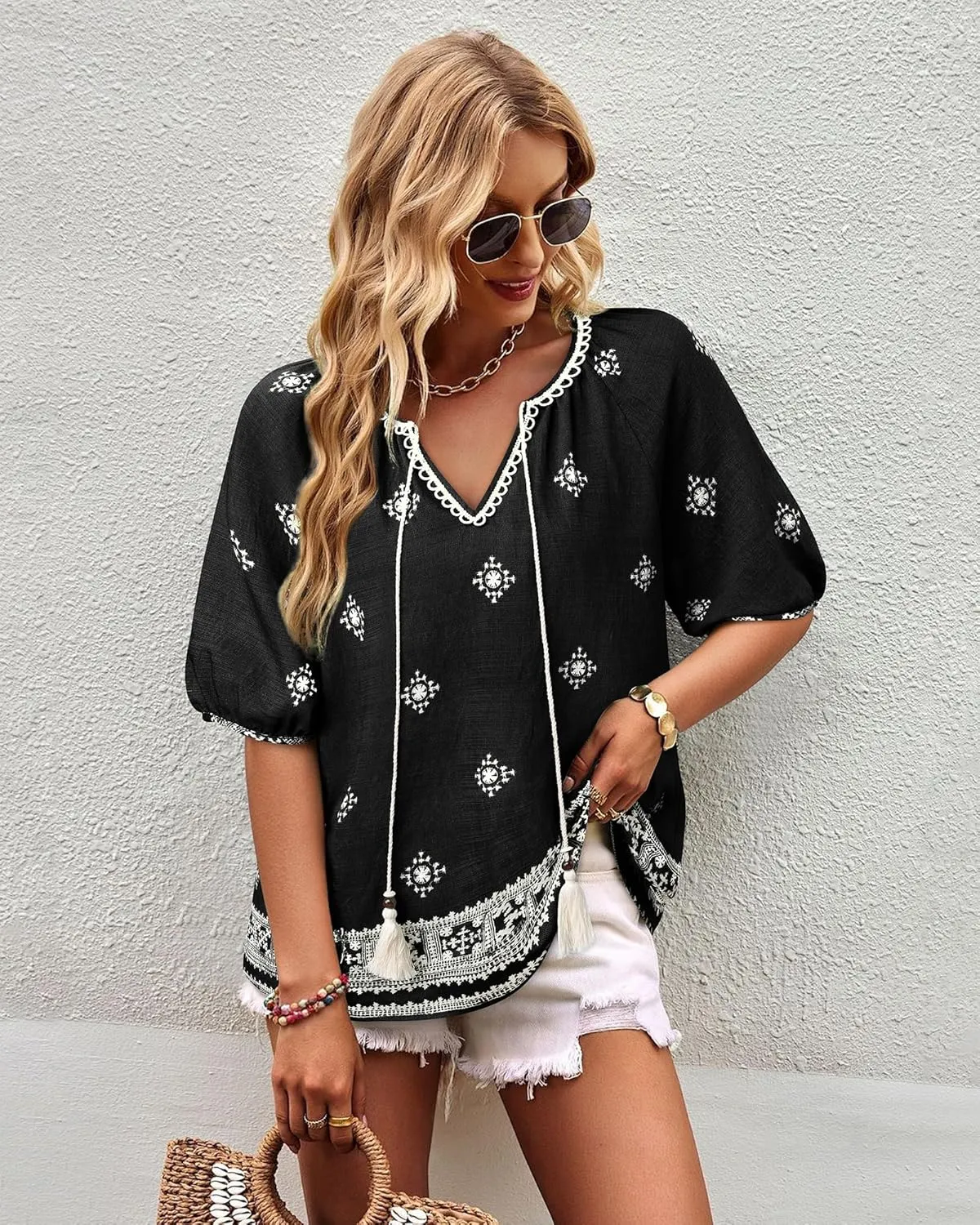 Vivilli Womens Summer Boho Tops Casual V Neck Short Sleeve Blouses Floral Print Shirt Tie Front Flowy Vacation Clothes