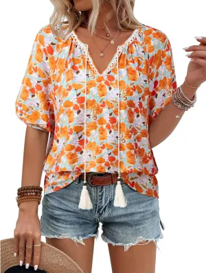 Vivilli Womens Summer Boho Tops Casual V Neck Short Sleeve Blouses Floral Print Shirt Tie Front Flowy Vacation Clothes