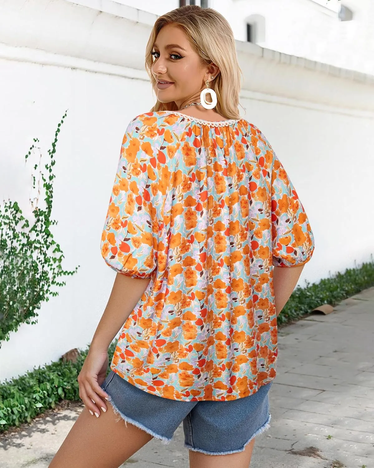 Vivilli Womens Summer Boho Tops Casual V Neck Short Sleeve Blouses Floral Print Shirt Tie Front Flowy Vacation Clothes