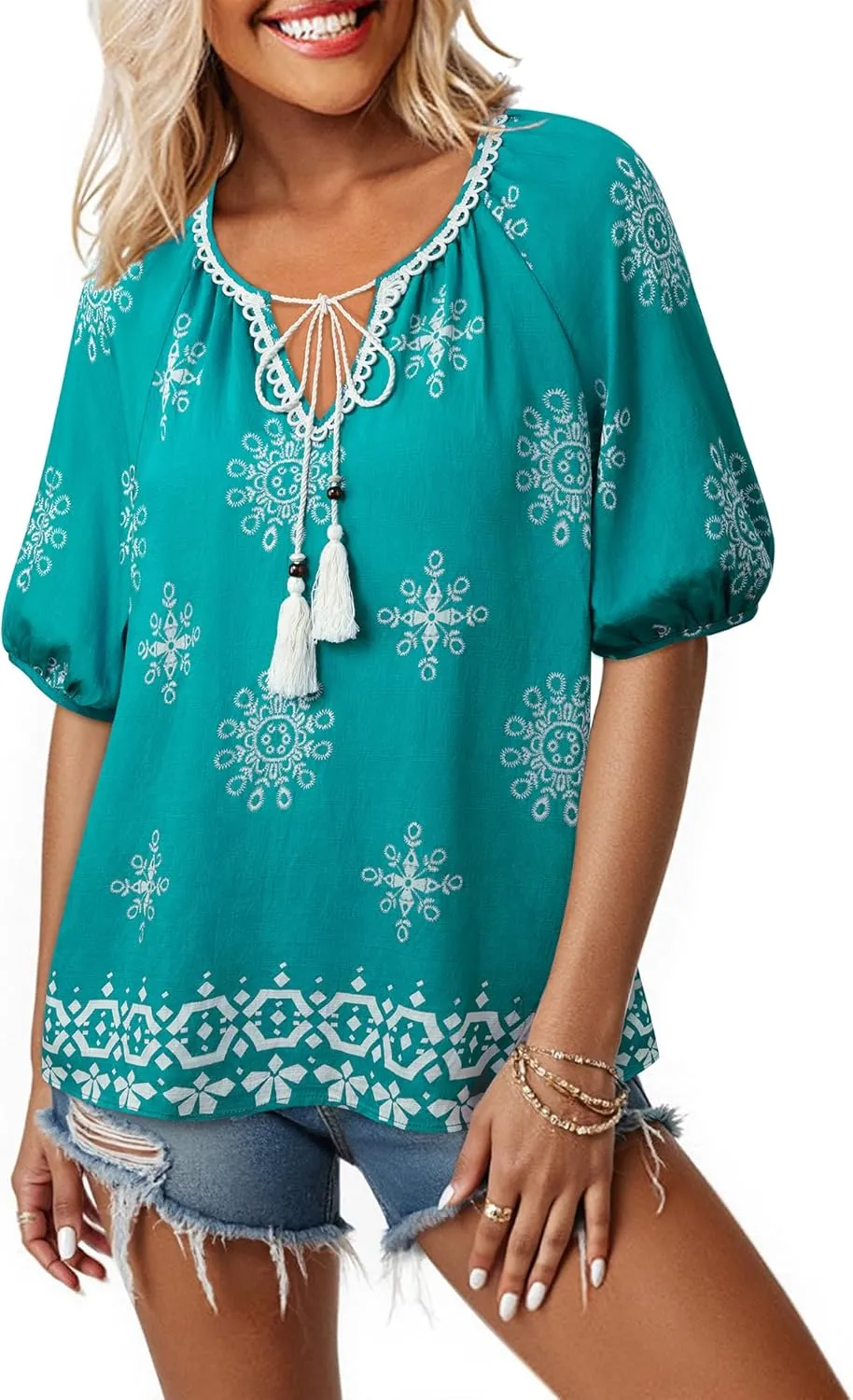 Vivilli Womens Summer Boho Tops Casual V Neck Short Sleeve Blouses Floral Print Shirt Tie Front Flowy Vacation Clothes