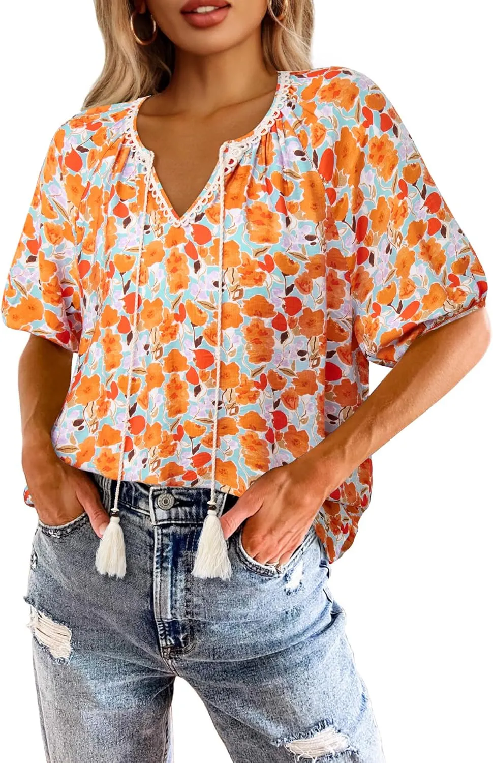 Vivilli Womens Summer Boho Tops Casual V Neck Short Sleeve Blouses Floral Print Shirt Tie Front Flowy Vacation Clothes