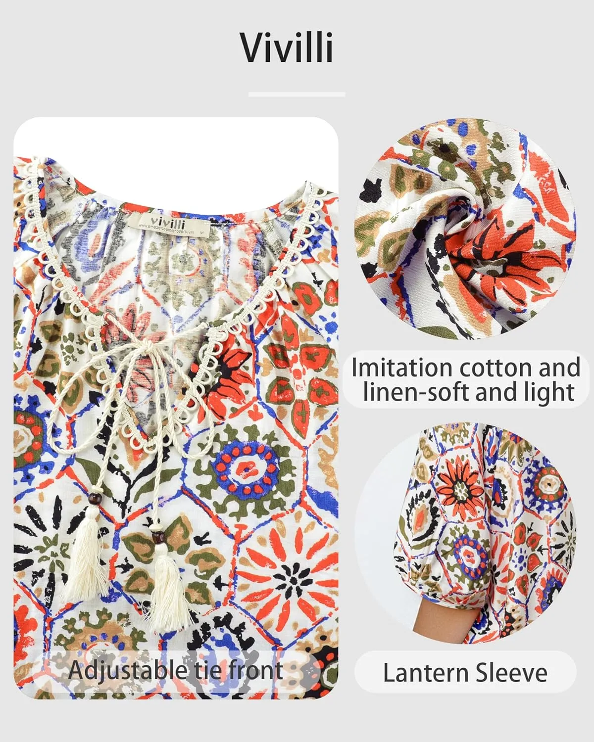 Vivilli Womens Summer Boho Tops Casual V Neck Short Sleeve Blouses Floral Print Shirt Tie Front Flowy Vacation Clothes