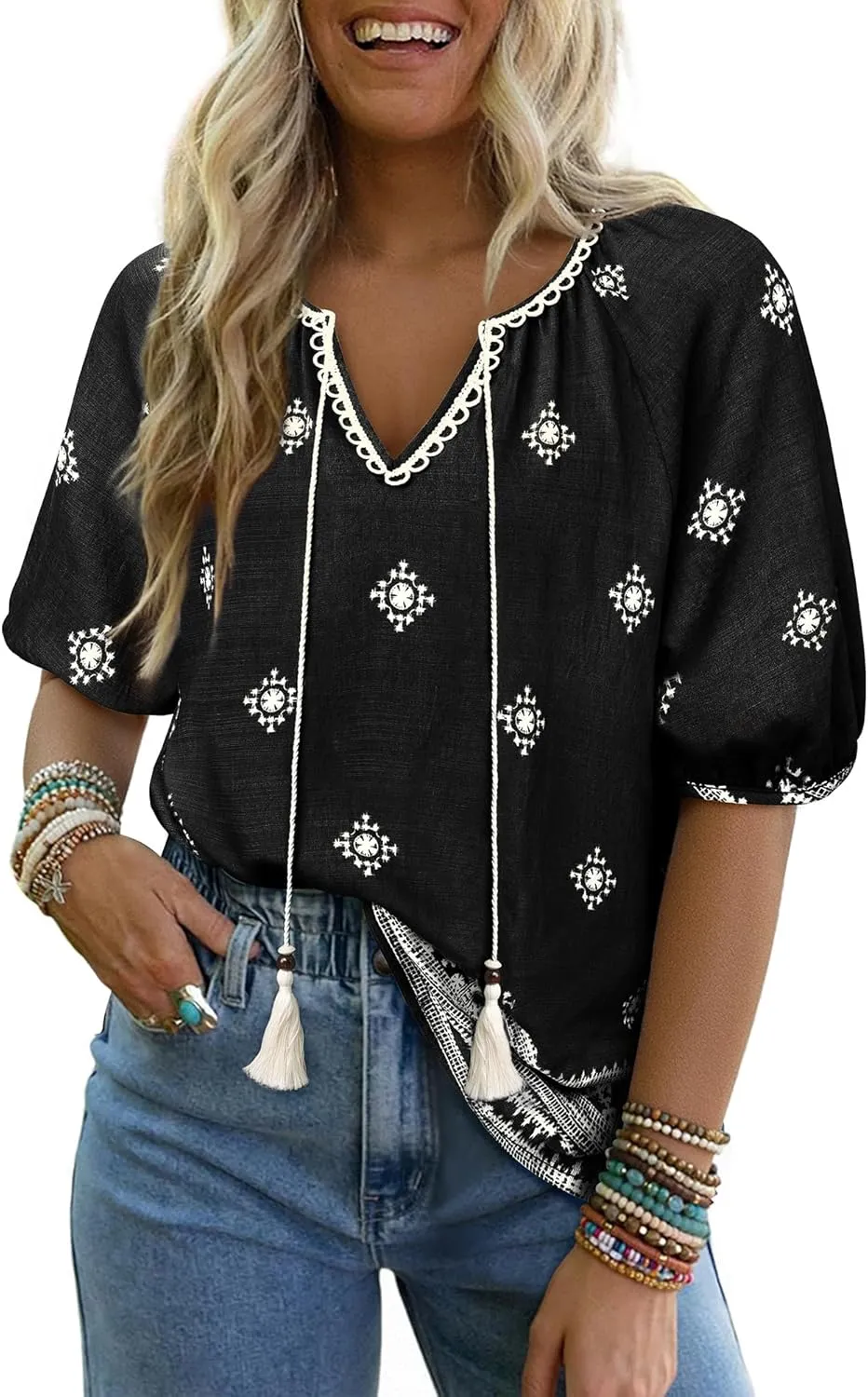 Vivilli Womens Summer Boho Tops Casual V Neck Short Sleeve Blouses Floral Print Shirt Tie Front Flowy Vacation Clothes