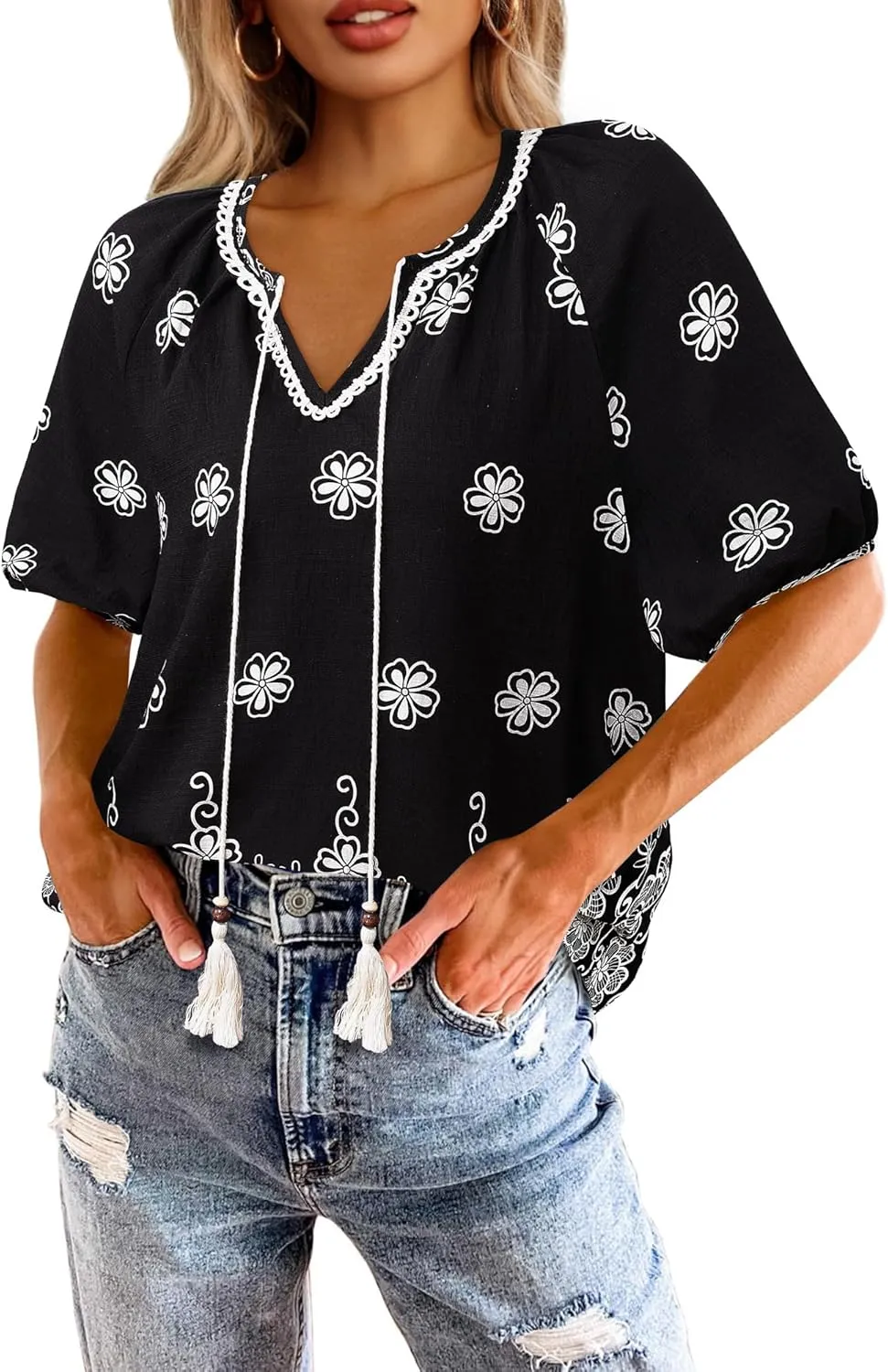 Vivilli Womens Summer Boho Tops Casual V Neck Short Sleeve Blouses Floral Print Shirt Tie Front Flowy Vacation Clothes