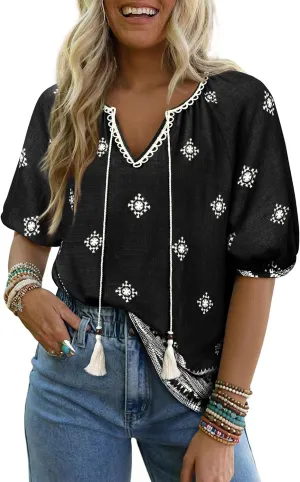 Vivilli Womens Summer Boho Tops Casual V Neck Short Sleeve Blouses Floral Print Shirt Tie Front Flowy Vacation Clothes