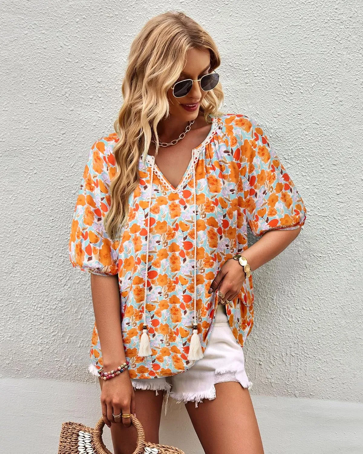 Vivilli Womens Summer Boho Tops Casual V Neck Short Sleeve Blouses Floral Print Shirt Tie Front Flowy Vacation Clothes