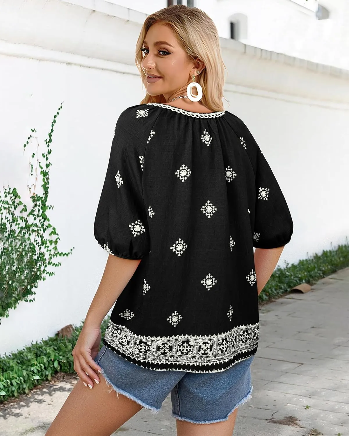 Vivilli Womens Summer Boho Tops Casual V Neck Short Sleeve Blouses Floral Print Shirt Tie Front Flowy Vacation Clothes