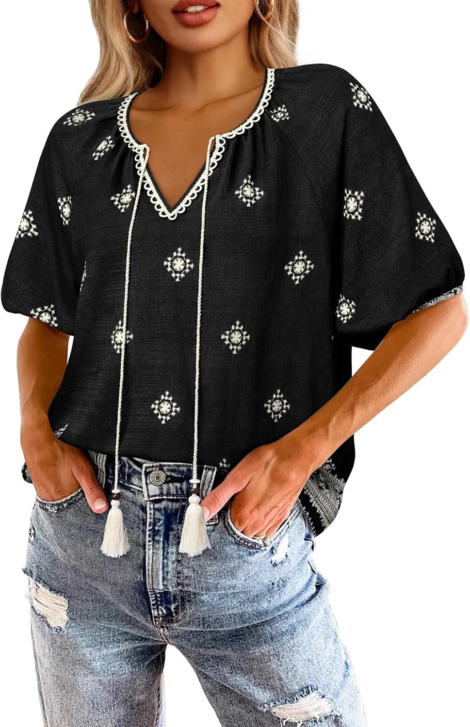 Vivilli Womens Summer Boho Tops Casual V Neck Short Sleeve Blouses Floral Print Shirt Tie Front Flowy Vacation Clothes