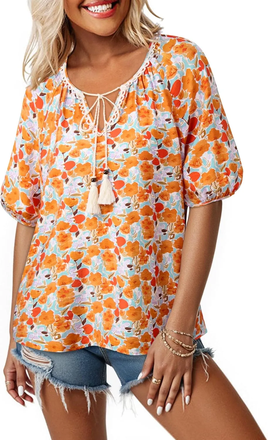 Vivilli Womens Summer Boho Tops Casual V Neck Short Sleeve Blouses Floral Print Shirt Tie Front Flowy Vacation Clothes