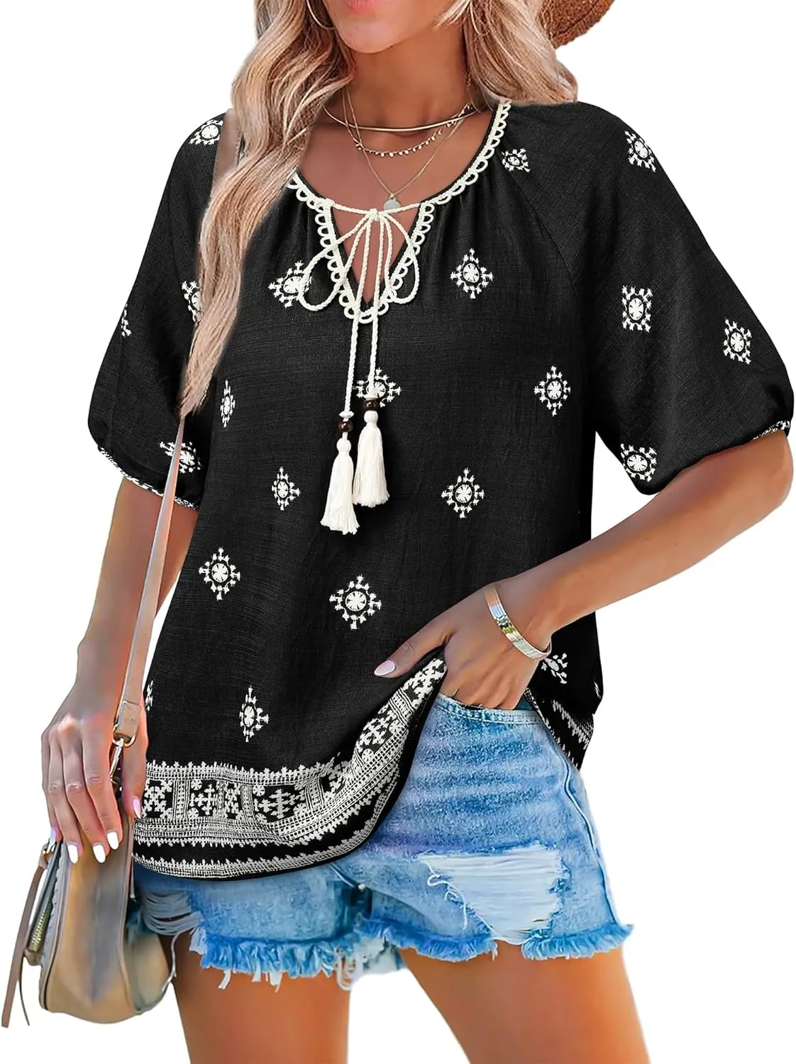 Vivilli Womens Summer Boho Tops Casual V Neck Short Sleeve Blouses Floral Print Shirt Tie Front Flowy Vacation Clothes