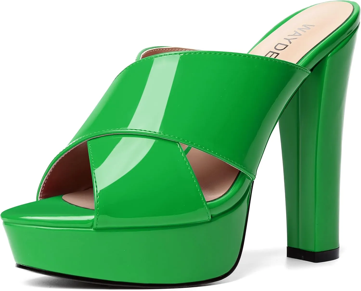 WAYDERNS Womens Slip On Patent Peep Toe Dating Fashion Block High Heel Platforms Sandals 5 Inch