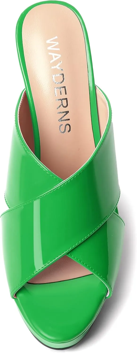 WAYDERNS Womens Slip On Patent Peep Toe Dating Fashion Block High Heel Platforms Sandals 5 Inch