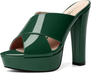 WAYDERNS Womens Slip On Patent Peep Toe Dating Fashion Block High Heel Platforms Sandals 5 Inch