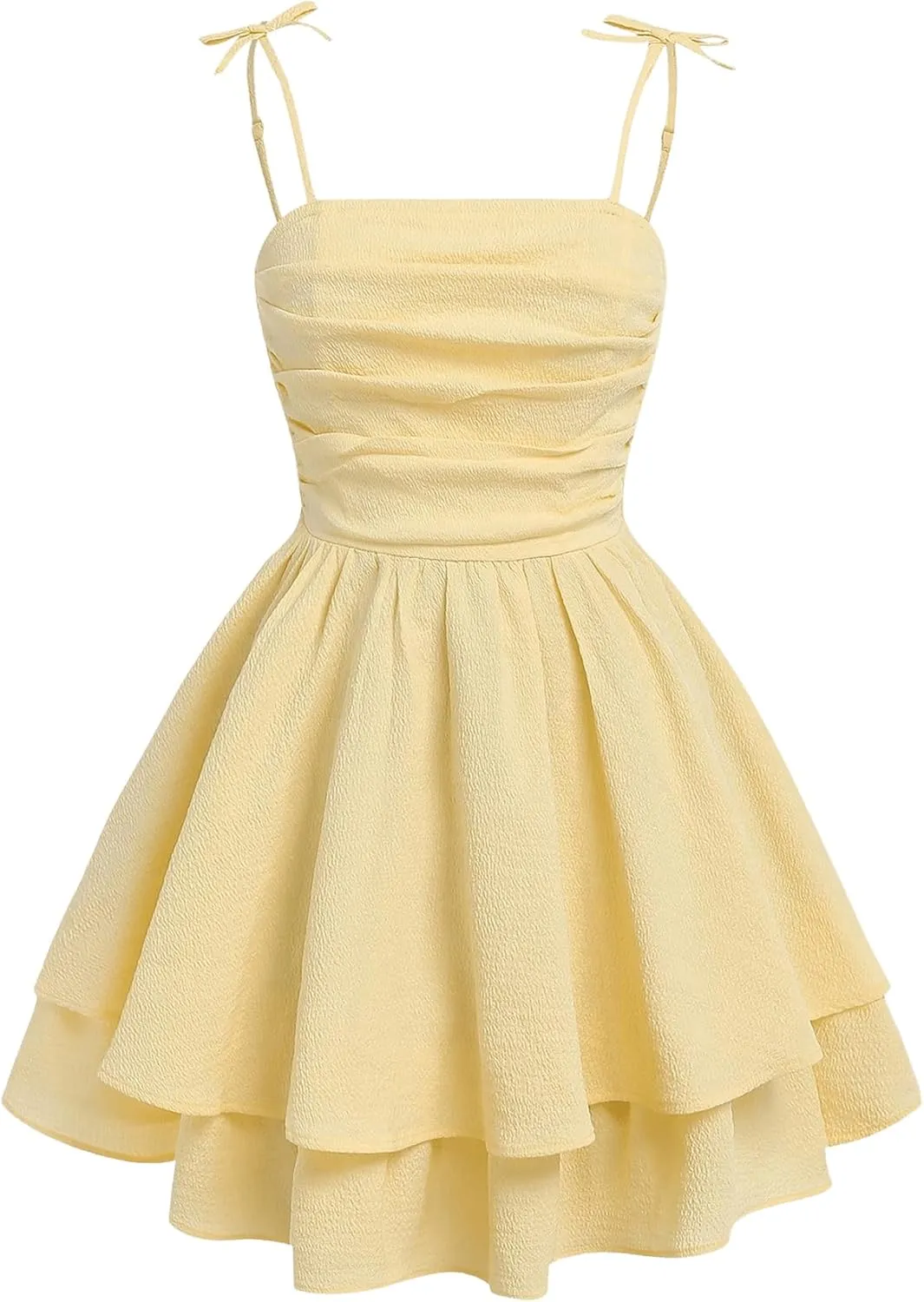 WDIRARA Girl's Tie Shoulder High Waist Ruched Cami Dress Tiered Layered Flared Hem Elegant Dresses