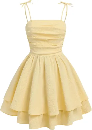 WDIRARA Girl's Tie Shoulder High Waist Ruched Cami Dress Tiered Layered Flared Hem Elegant Dresses