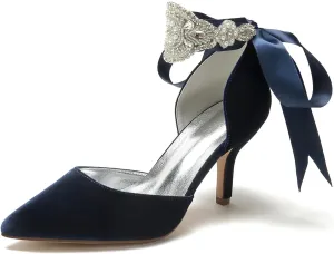 Wedding Bridal Pointed Toe Womens High Heel Shoes Ankle Buckle Pumps Rhinestones Heeled Bowknot Court Sandals Evening Party Dress,Dark Blue,8.5