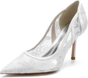 Wedding Dress Shoes for Women Pointed Toe Wedding Shoes Stiletto Heels Satin Bridal Shoes with Embroidery Lace Flower Closed Toe Sandals Ankle Strap Pumps
