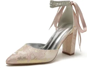 Wedding Shoes for Bride Closed Toe Block Heel Womens High Heels Pointed Toe Pumps Bridal Shoes Bowknot Strap Pearl Sandals Floral Satin Evening,Pink,8.5