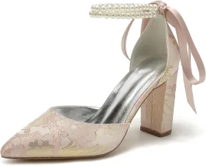 Wedding Shoes for Bride Closed Toe Block Heel Womens High Heels Pointed Toe Pumps Bridal Shoes Bowknot Strap Pearl Sandals Floral Satin Evening,Pink,8