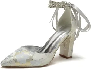 Wedding Shoes for Bride Closed Toe Block Heel Womens High Heels Pointed Toe Pumps Bridal Shoes Bowknot Strap Pearl Sandals Floral Satin Evening,Silver,10