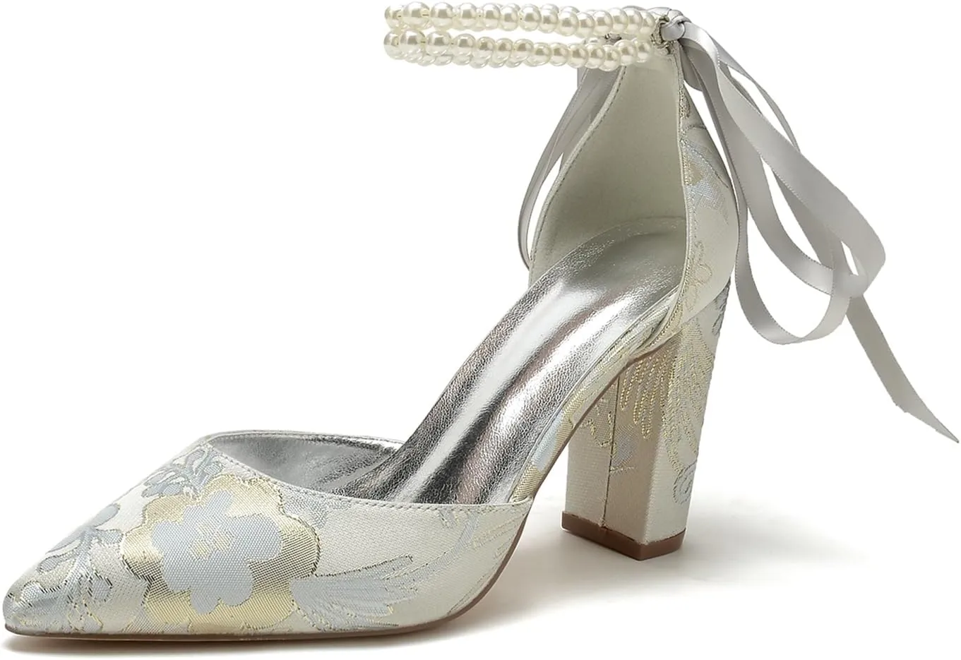 Wedding Shoes for Bride Closed Toe Block Heel Womens High Heels Pointed Toe Pumps Bridal Shoes Bowknot Strap Pearl Sandals Floral Satin Evening,Silver,9