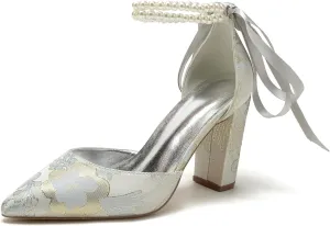 Wedding Shoes for Bride Closed Toe Block Heel Womens High Heels Pointed Toe Pumps Bridal Shoes Bowknot Strap Pearl Sandals Floral Satin Evening,Silver,9