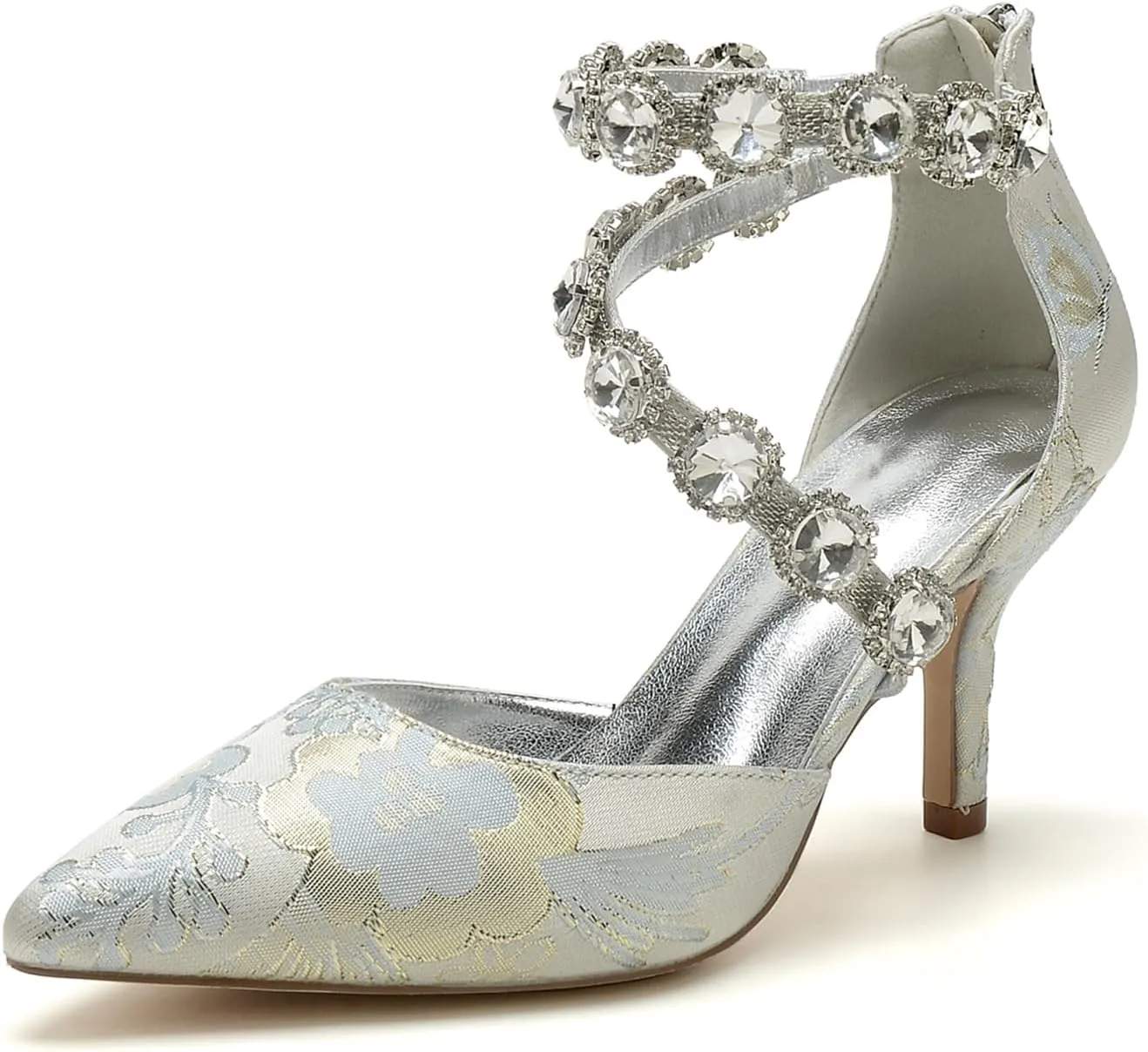 Wedding Shoes for Bride Closed Toe Womens Pointed Toe Bridal Shoes Ankle Strap Stiletto Pumps Floral Satin Evening Dress Sandals Elegant,Silver,8.5