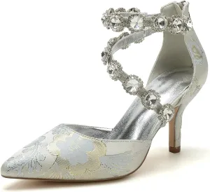 Wedding Shoes for Bride Closed Toe Womens Pointed Toe Bridal Shoes Ankle Strap Stiletto Pumps Floral Satin Evening Dress Sandals Elegant,Silver,8.5