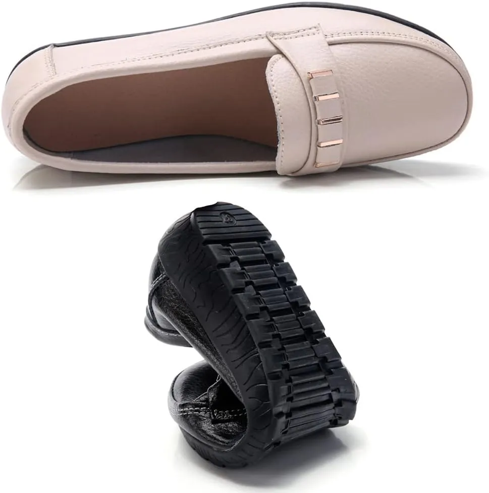 WERWAES Classic Leather Loafers for Womens Casual Lightweight Non-slip Moccasins Flats Office Driving Walking Slip on Ladies Loafers Shoes