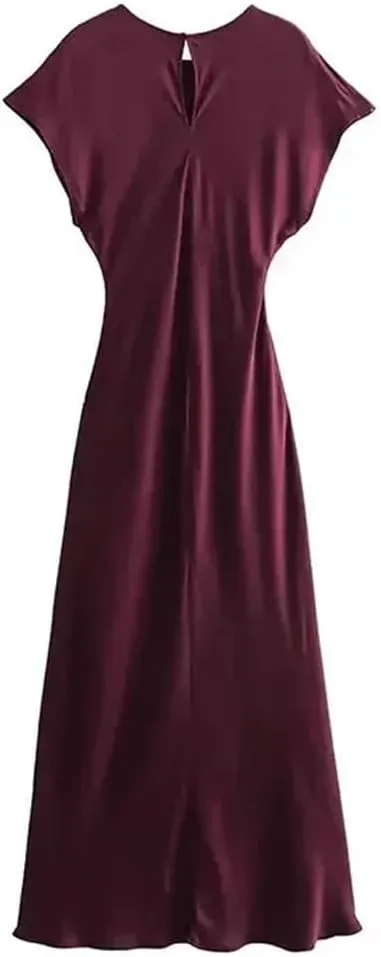 Woman Summer A-Line Midi Satin Dress Solid Vintage Elegant O-Neck Slim Evening Party Dress