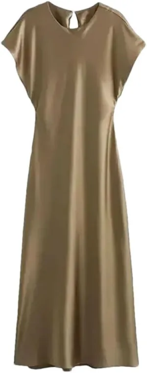 Woman Summer A-Line Midi Satin Dress Solid Vintage Elegant O-Neck Slim Evening Party Dress
